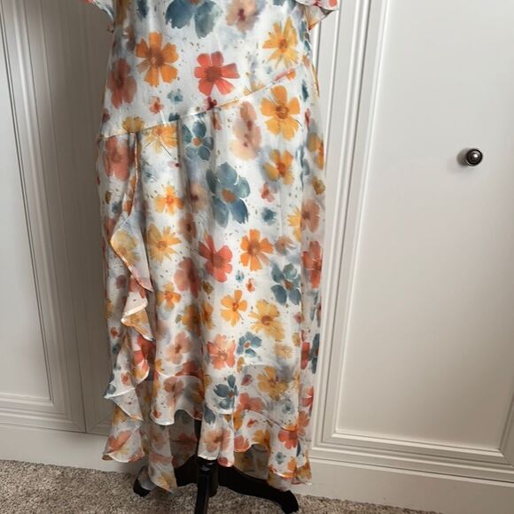 Anthropologie Orange and Cream Ruffled Floral Print Dress - Picture 4 of 8